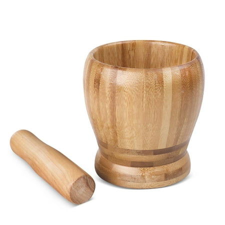 Natural Bamboo Mortar and Pestle Set, 5 inch Diameter Hand Polished Grinding Pinch Bowl w/ Solid Wood Pestle for Crushing Guacamole, Herbs, Spices, Garlic, Kitchen, Cooking, Medicine Pills, (Best Mortar And Pestle For Crushing Pills)