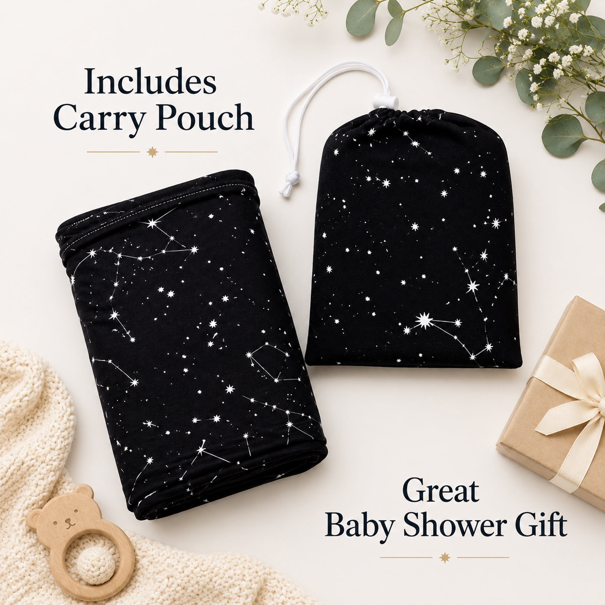 Baby Car Seat Cover & Nursing Cover, Stretchy 5-in-1 Breastfeeding Canopy with Carry Pouch, Black Constellation