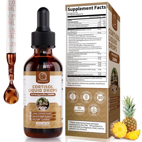 Cortisol Liquid Drops, with Magnesium Glycinate, Ashwagandha, L-Theanine, for Hormone Balanced, Mood Focus, Sleep Support, 2 fl oz