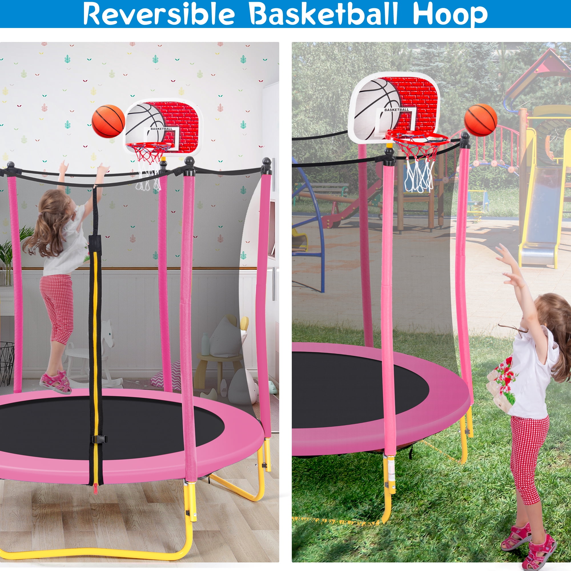 EUROCO 5.5FT Kids Trampoline with Basketball Hoop, Indoor & Outdoor Mini Toddler Trampoline with Enclosure Net, Easy to Assemble