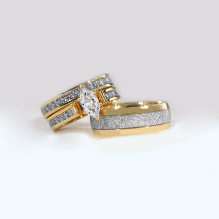 Couple Rings Matching Rings Yellow Gold Plated 1.5CT Marquise AAA CZ Women Wedding Ring Sets for Him and Her Rings Men Wedding Band