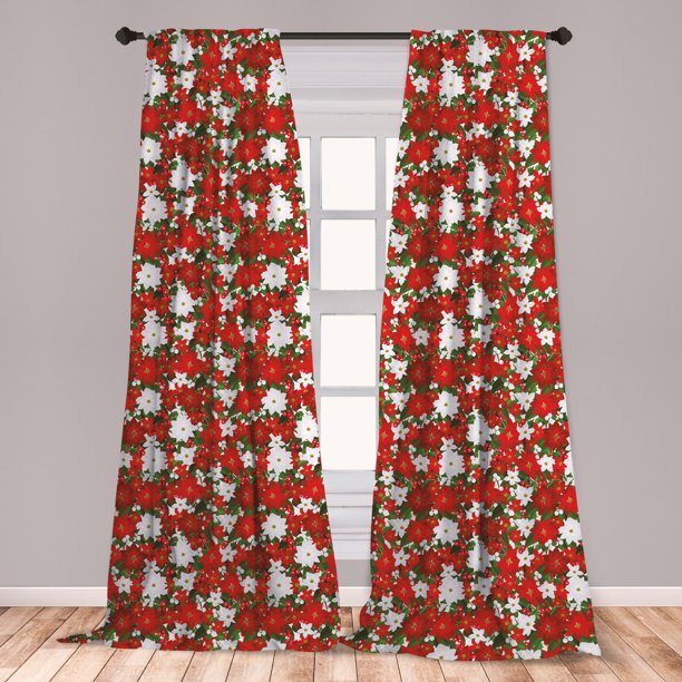 Christmas Curtains 2 Panels Set, Poinsettia Flower Holly and Mistletoe