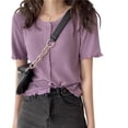 thumbnail image 3 of Camisa de mujer con botones, suéter de punto fino, camiseta informal de manga corta suave, morado Speravity AP001278-04B, 3 of 7