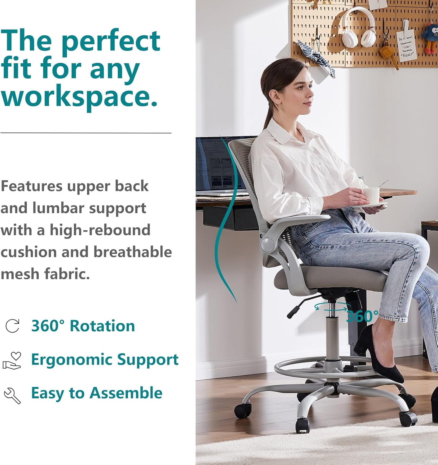 Howcool Drafting Chair Tall Office Chair with Adjustable Foot Ring, Height Adjustable Swivel Rolling Counter Height Chair for Standing Desk Home Office