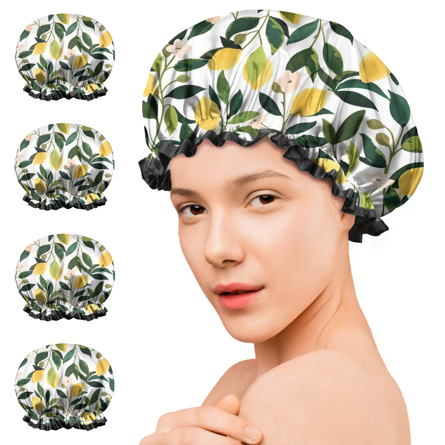 Shower Caps,Yellow Lemon Fruit Flowers White Pattern Waterproof Shower Cap for Women 4 Pieces,Double Reusable Hair Cover for Shower PEVA Elastic Stretch Hem