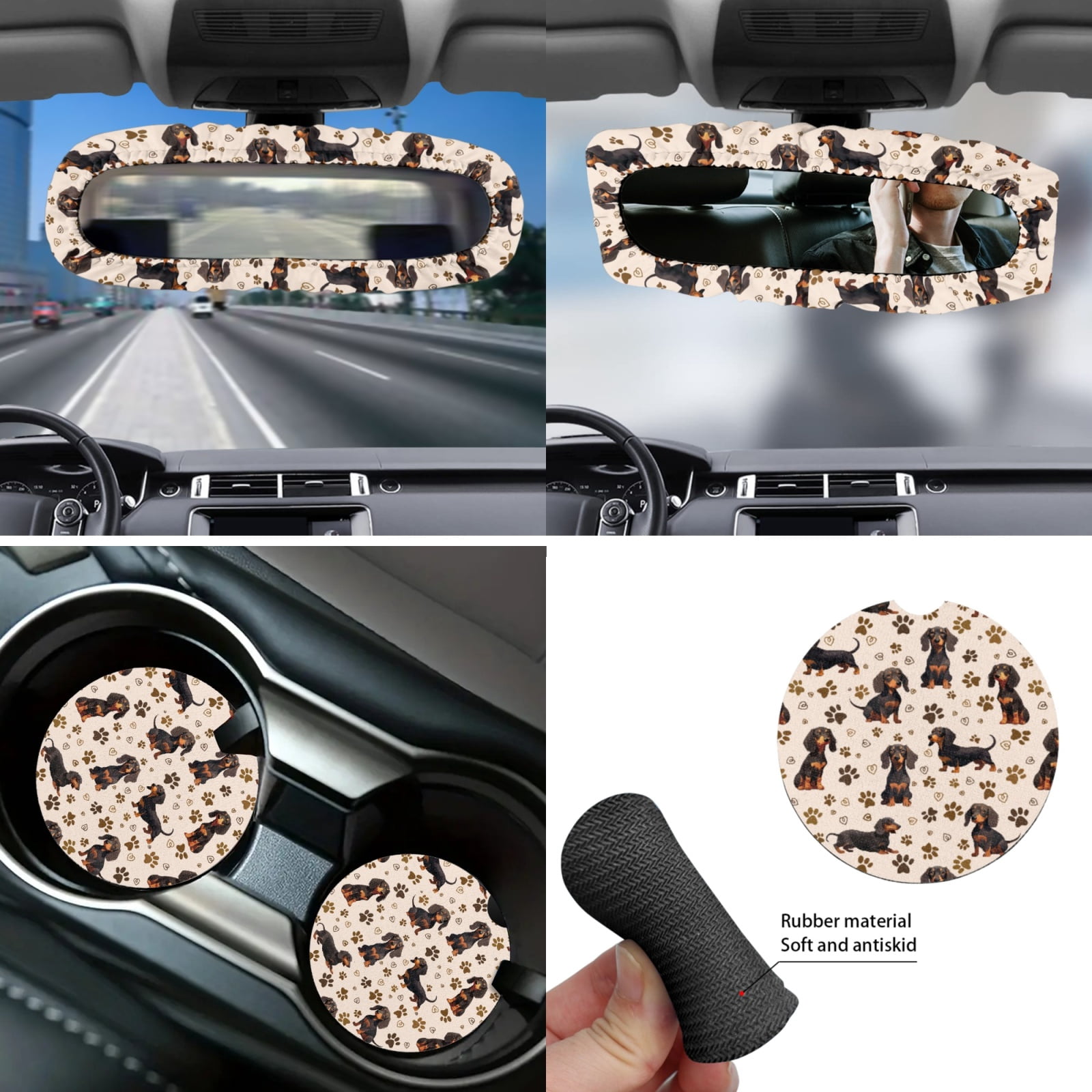Yuyamidu Dachshund Dog Car Seat Cover of 14 Dog Paw Steering Wheel Cover Seatbelt Pads Cute Auto Armrest Cover Handbrake Cover Rearview Mirror Cover Trash Can Coasters Car Accessories