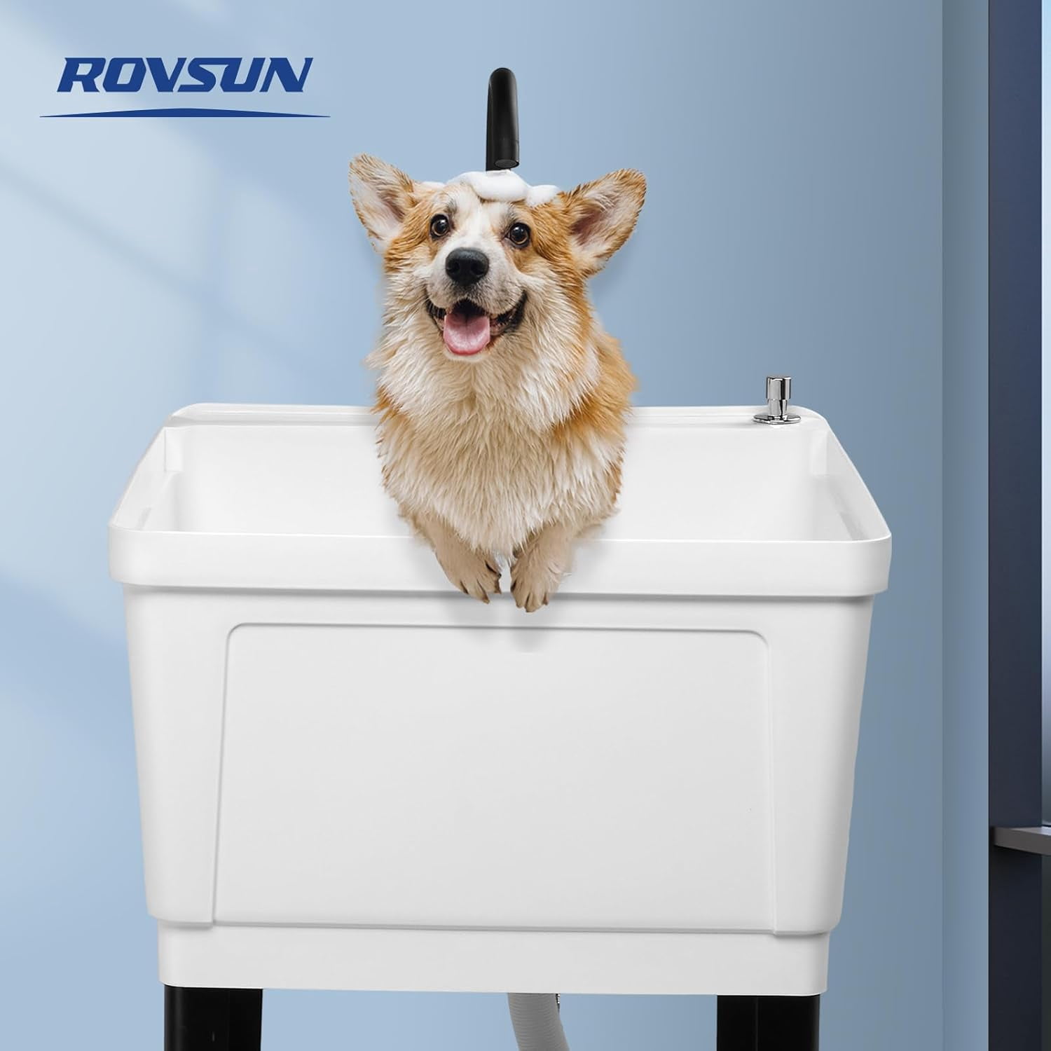 ROVSUN Plastic Utility Sink, Freestanding Sink with Hot&Cold Faucet, Soap Dispenser, Drain Plug and Iron Legs with Storage shelf, Perfect for Basement, Laundry Room, Garage, Black 23.6"×23.6"×36.2"