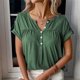 thumbnail image 3 of Blusa de manga corta con botones y cuello en V, diseño plisado, color puro, informal, para mujer, Top de verano para oficina, compras diarias, verde, XXL, 3 of 6