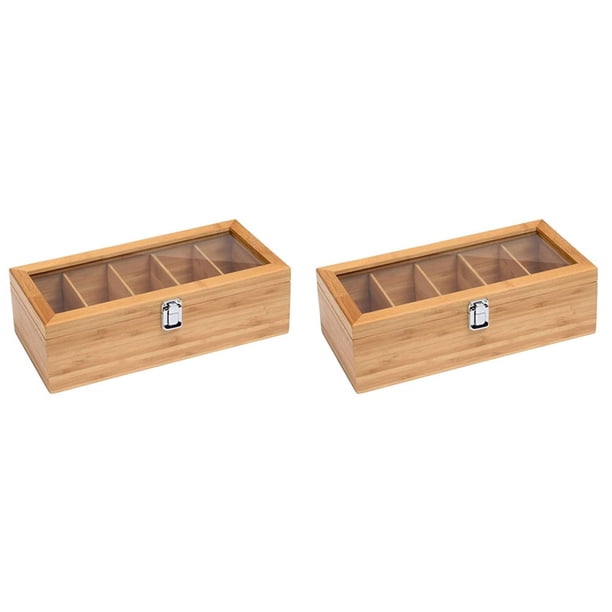 2 cajas organizadoras de joyas con sistema de bambú multifuncional, 5 compartimentos, para guardar bolsitas de té, azúcar