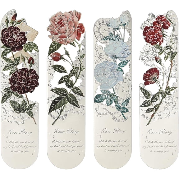 Metal Flower Bookmarks Set of 4 - Exquisite Silver Rose Page Markers for Women, Ideal Gifts for Book Lovers, Teachers & Students