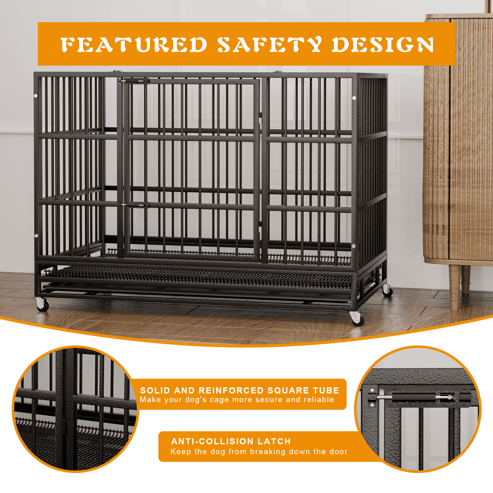 Waleaf 48 Inch Heavy Duty Dog Crate Cage with Wheels for Indoor, Large Dog Kennel with Removable Tray
