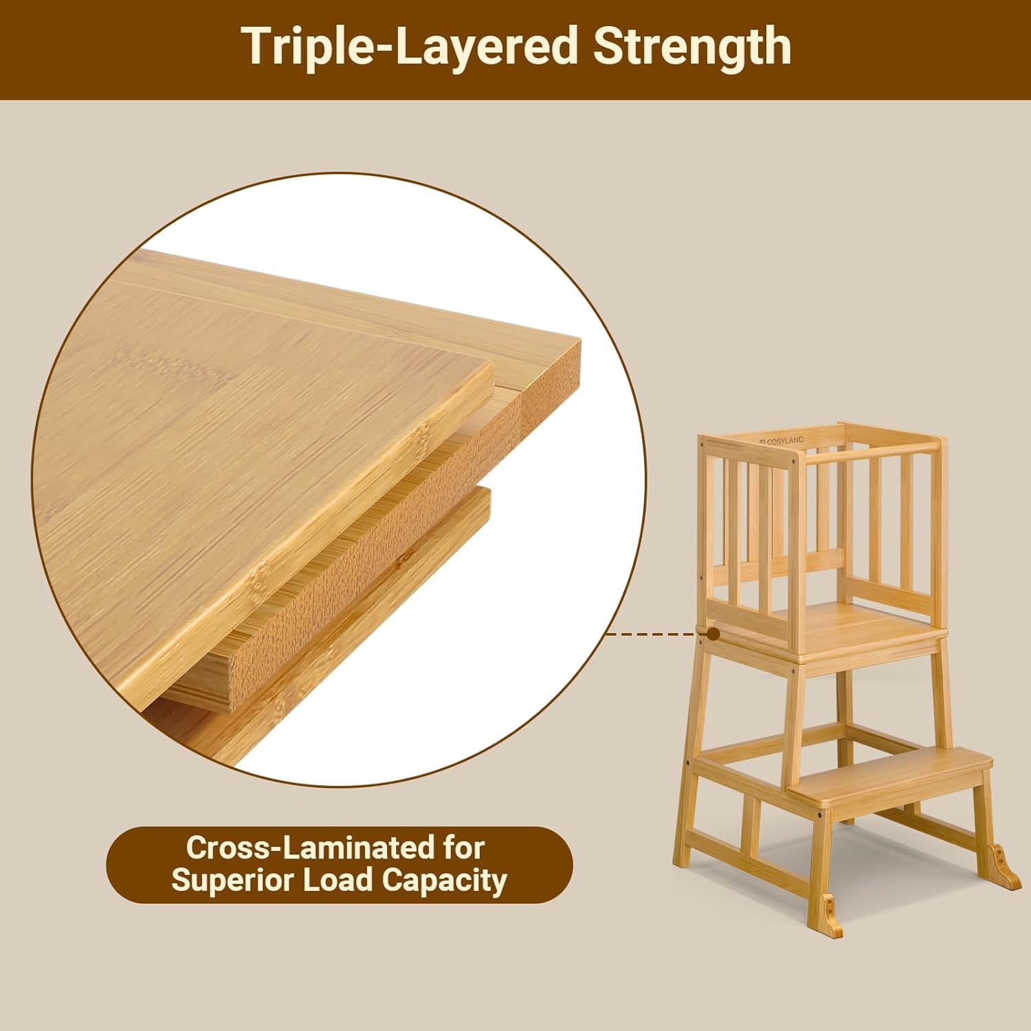 Sunny Lane Kitchen Step Stool for Toddlers – Stable A-Frame Design Kids Standing Tower with Protective Crossbar – Wooden Learning Stool for Kitchen Island Counter, Bathroom (Natural)