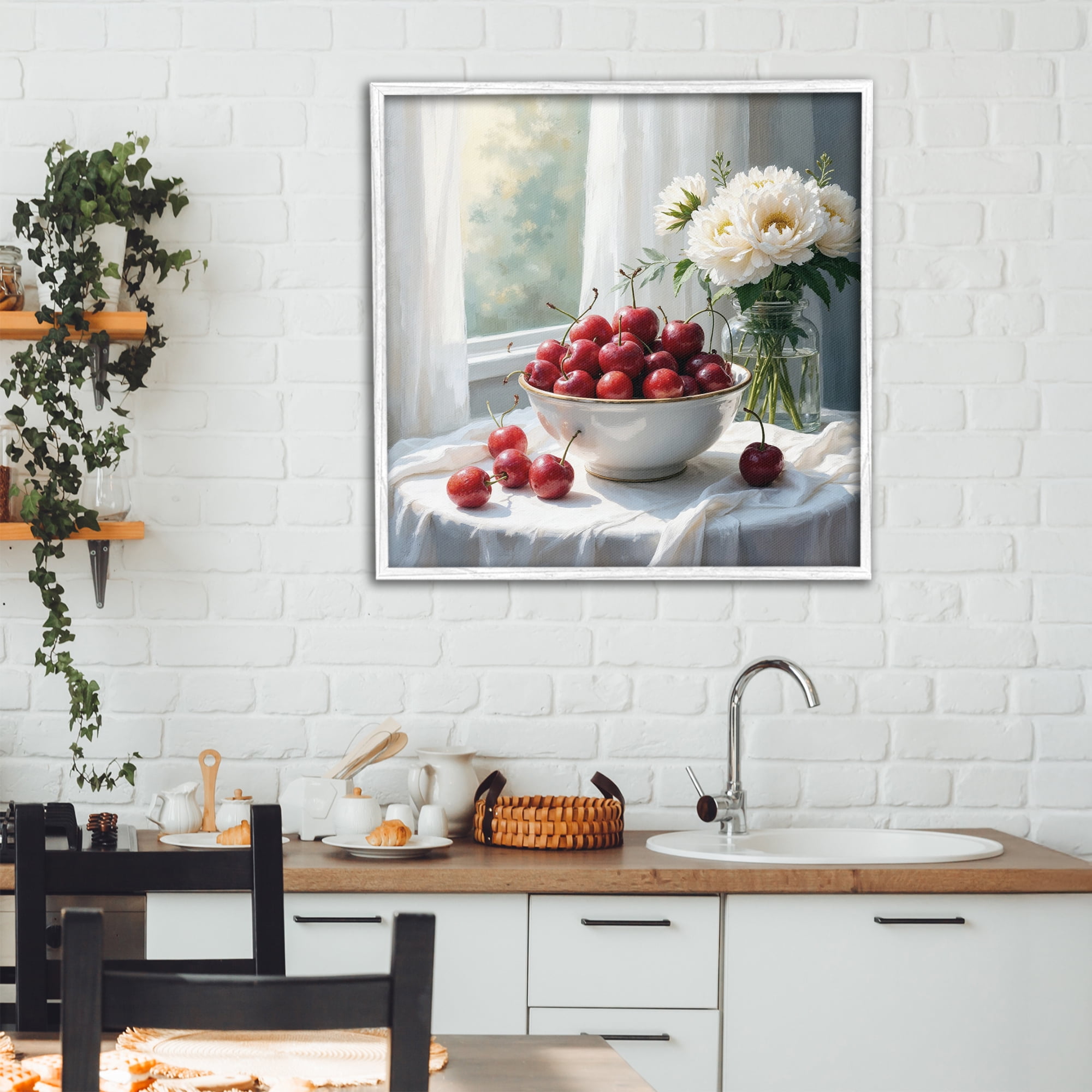 Cherries & Flowers Still Life White Framed Giclee Art, design by Lettered and Lined