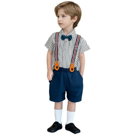 Yuncity Kids Outfit Short Sleeve Lapel Solid Color Tops With Suspender Shorts 2 Pieces Set Summer Comfortable Outdoor Daily Wear Boys Girls Clothes Set Size 5-6 Years Navy