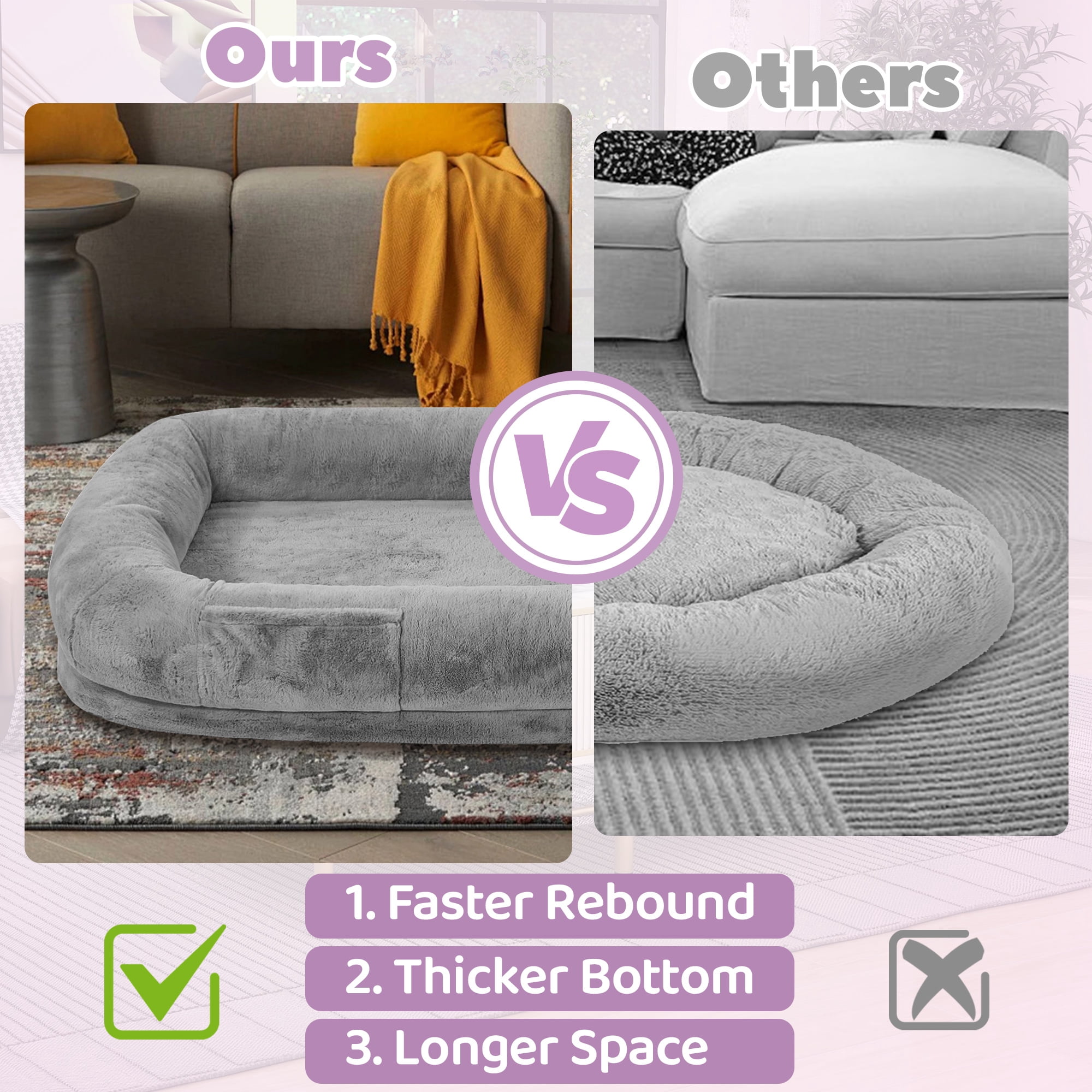 KROFEM Cozy Human Dog Rest Bed, 71"x43"x10" Orthopedic Memory Foam with Soft Bolster, Washable Plush Cover Non-Slip Base and Side Storage Pocket for Adults and Pets, Black, Light Grey