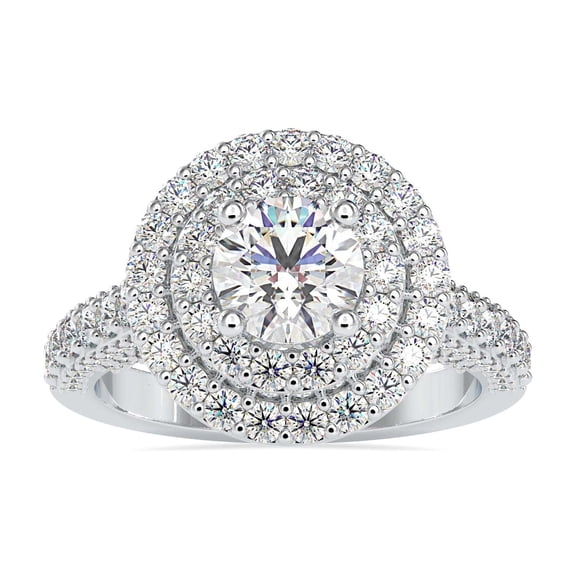 Blue Jewel 1.4 Ct Round Cut Diamond Engagement Ring - Lab Grown in 14K White Gold Plated Double Halo - Women's Wedding Band - Ideal for Proposals, Anniversaries, and Birthday Presents - Prong Set