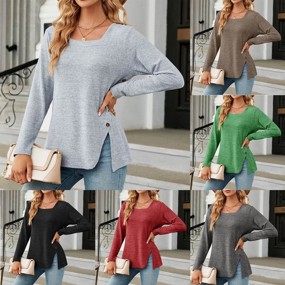 HVOBTTY Womens Long Sleeve Pullover T Shirt, Fall Tops for Women, Women's Casual Fashion Solid Color Loose Square Neck Button Split Hem Daily Wear Top Light Blue, M