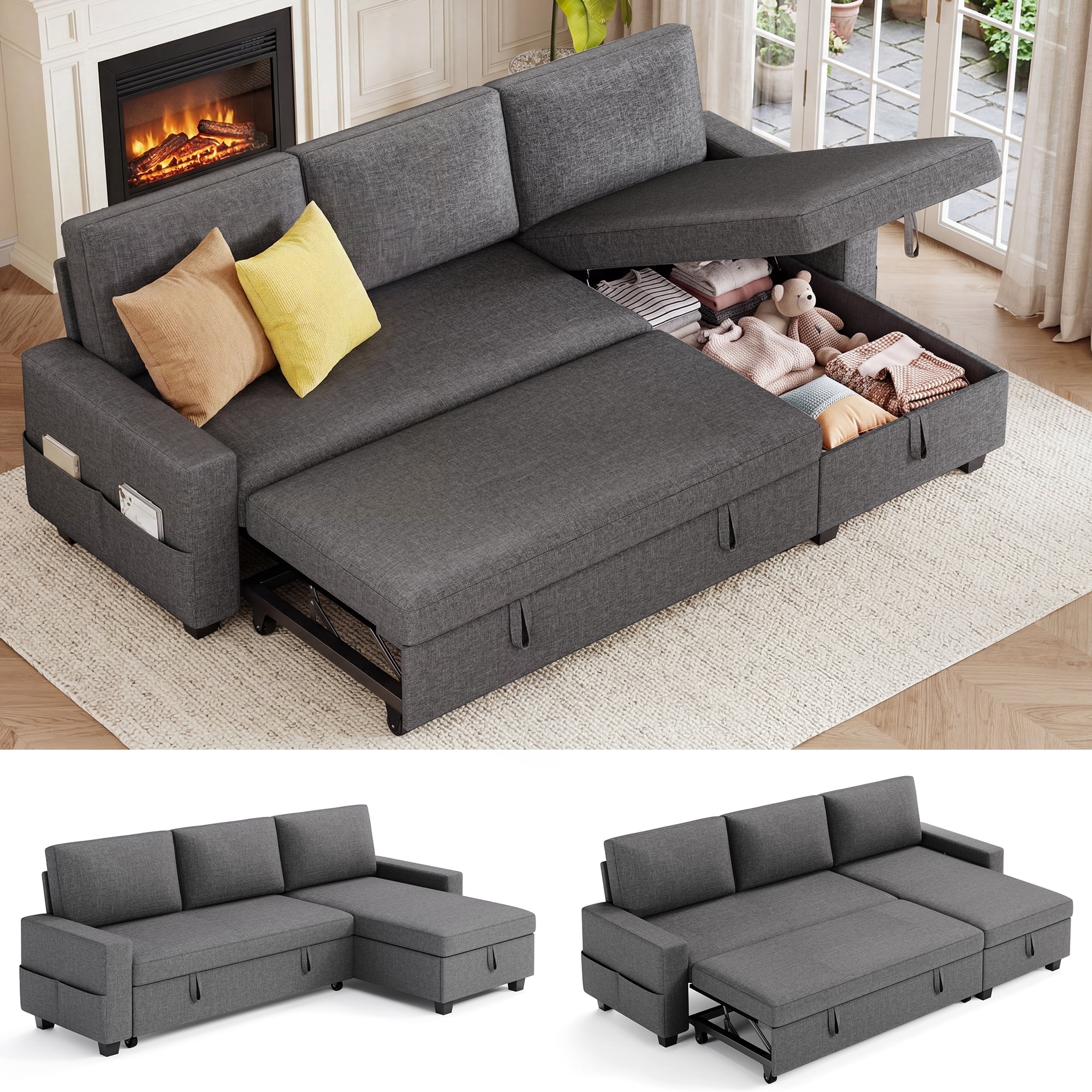 80" Convertible Sleeper Sofa with Pull Out Bed, Lofka L-Shaped Sectional Couch with Storage Chaise, Linen Fabric Sofa for Living Room, Apartment,Dark Grey