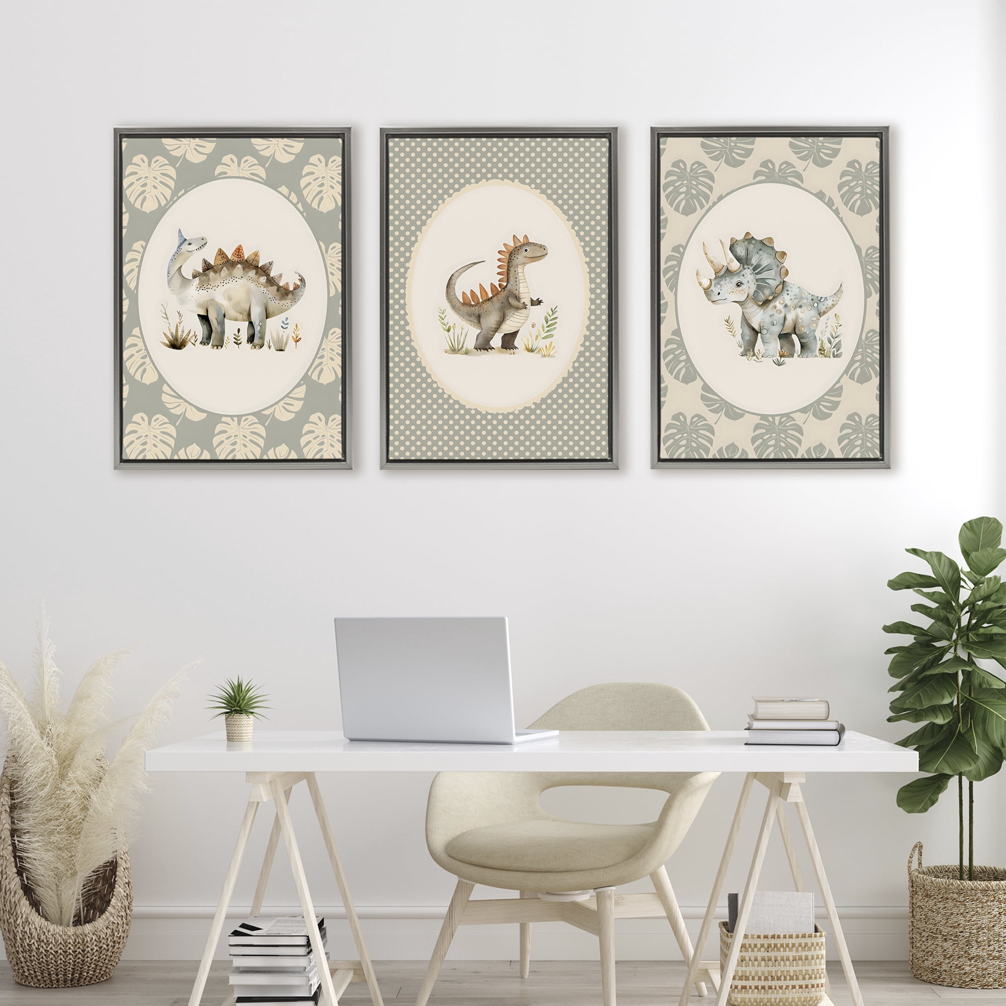 Stupell Industries Nursery Dinosaurs Tropical Border 3 Piece Gray Framed Floater Canvas Set, design by LSR Design Studio