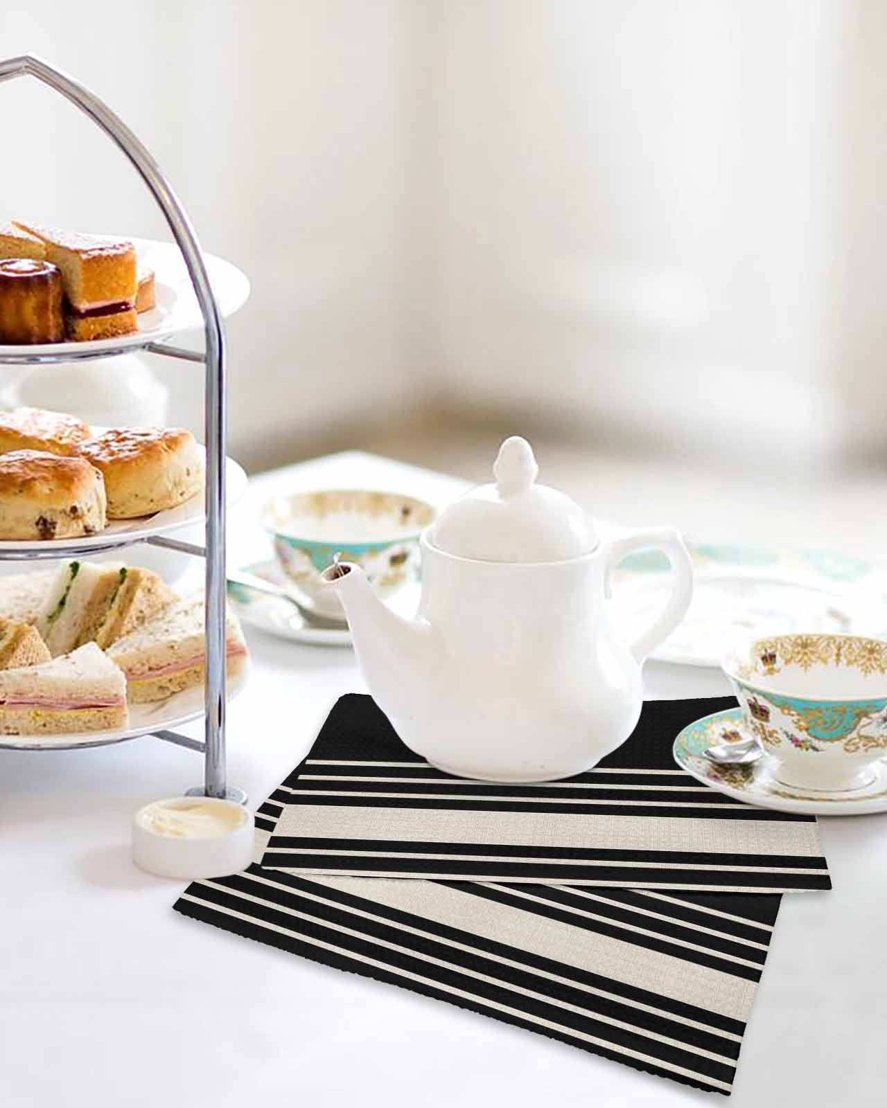 Black Beige Striped Kitchen Dish Towels for Drying Dishes Set of 4, Modern Farmhouse Retro Lines Waffle Weave Microfiber Hand Tea Bathroom Towels Quick Dry & Absorbent Towel 12x12