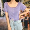 thumbnail image 3 of Chaqueta Mujer Encaje Cuello En U Abrigo Delgado Botón De Punto Camisa De Manga Corta, Morado AweSitey AP001095-02, 3 of 7