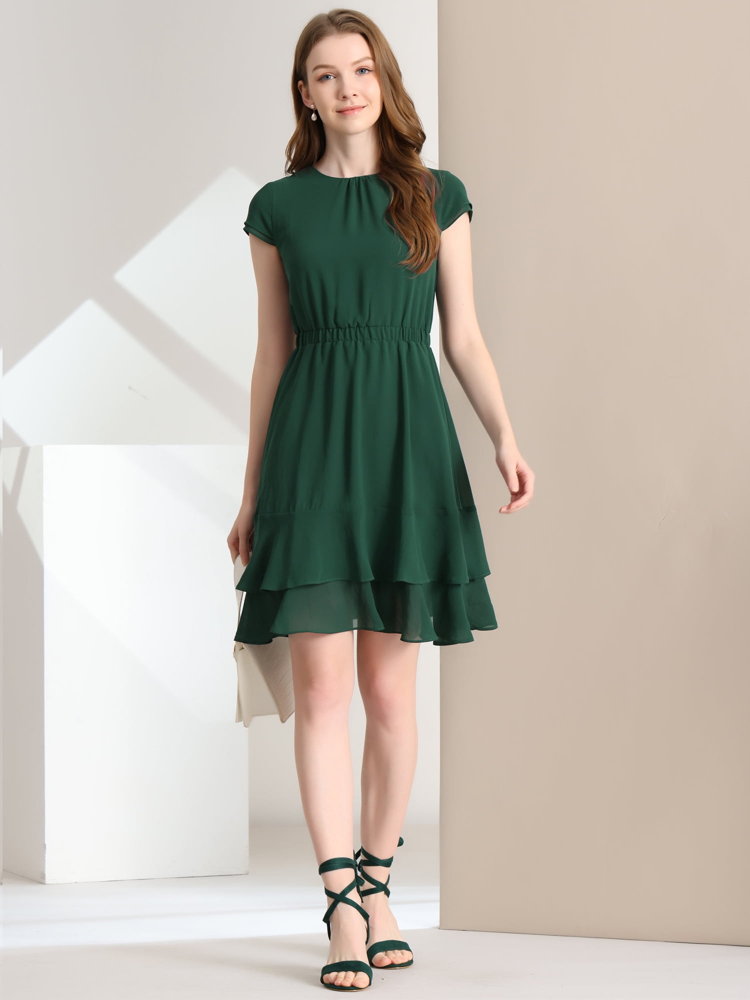 Unique Bargains Women's A-Line Layered Ruffled Mid-Length Dress Dark Green S