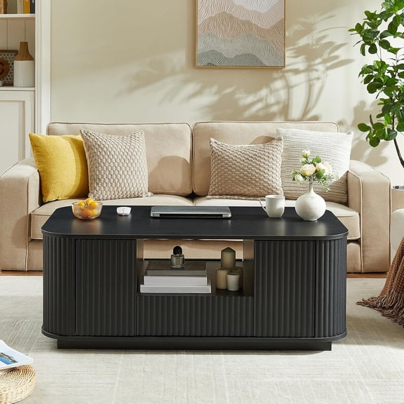 Fluted Coffee Table with Storage, 46.5'' Wooden Center Table with Drawers and Doors, Mid Century Modern Black Coffee Table for Living Room