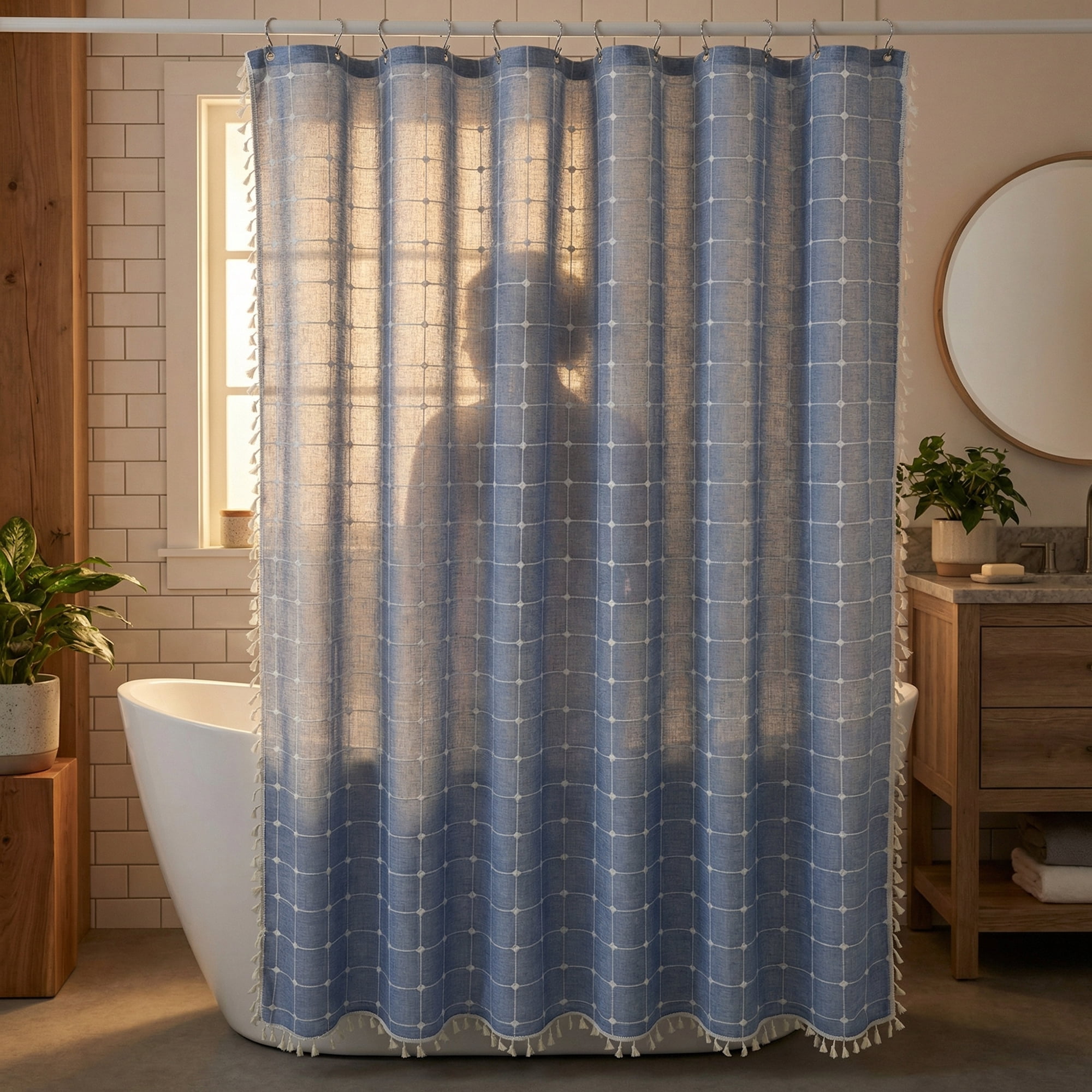 Unique Bargains Boho Plaid Blend Shower Curtain Sets with Hooks Blue 72"W x 72"L