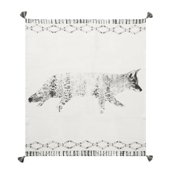 Fox in Forest Grayscale Printed 100% Cotton Throw Blanket w/ Tassels 50" x 60"