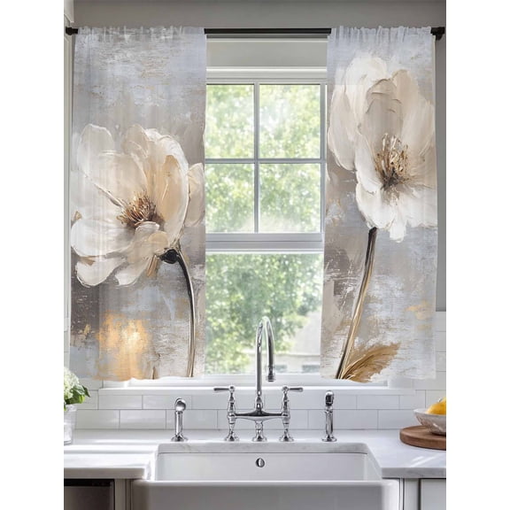 Magnolia Flower Sheer Curtains 63 Inches Long 2 Panels Flowers Oil Painting Light Filtering Semi Sheer Window Curtains Drapes for Bedroom Living Room 52"x63"