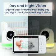 Babysense Prisma Baby Monitor with Camera and Audio, 5” HD Video Baby Monitor, 6-Color Night Light, Split Screen, Baby Sound Machine with White Noise & Lullabies, Secure No Wifi