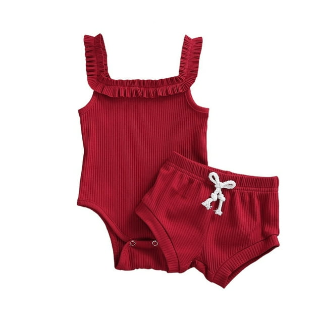Barboteuse Sans Manches à Col en U + Pantalon 2 Pcs pour Bébé Fille Couleur Unie