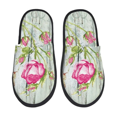 Balery Vintage Wood Background with Floral Slient Indoor Furry Fleece Comfort House Shoes Soft Non-Slip Home Shoes Cotton slippers House Slippers-- Medium