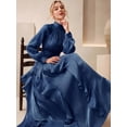 thumbnail image 3 of Womens Blue Long Sleeve High Neck Maxi Dress Ruched Waist Flowy Ruffle Hem, 3 of 6