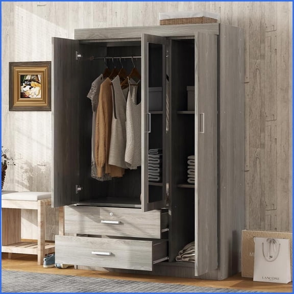 Wardrobes | 3-Door with Built-In Mirror & Shelves | Gray | MDF