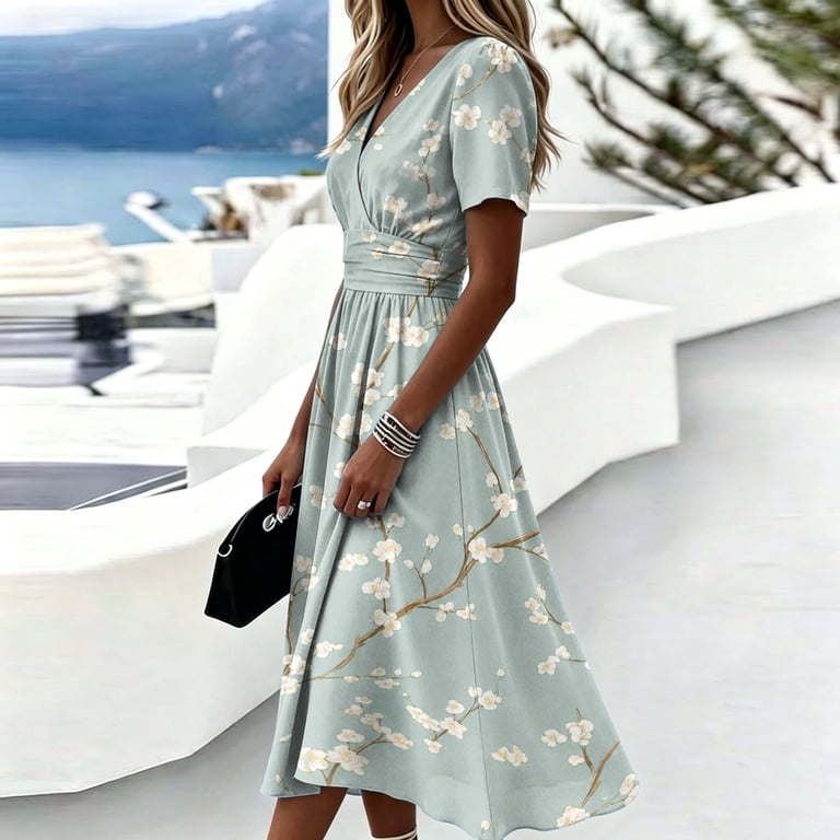 Summer Dresses for Women 2026 Wrap V Neck Sundress Short Sleeve Vacation Beach Dress Elastic High Waist A-Line Casual Party Work Dress