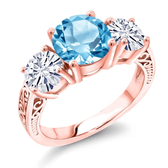 Gem Stone King 18K Rose Gold Plated Silver Swiss Blue Topaz and White Moissanite Engagement Ring for Women | 3.85 Cttw | Round 8MM | Gemstone November Birthstone | Size 6
