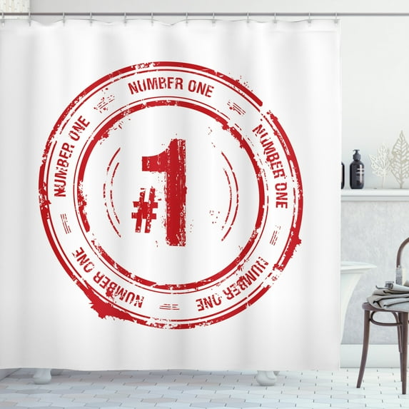 Number Shower Curtain, Number One Old Fashioned Grunge Stamp at Top Best Leader Emblem Design, Fabric Bathroom Set with Hooks, 69W X 84L Inches Extra Long, Vermilion and White, by Ambesonne