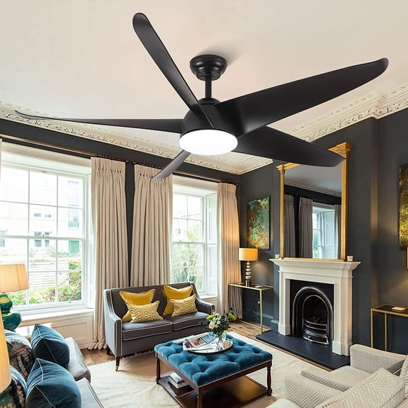 Black Ceiling Fans with Lights and Remote, Low Profile Flush Mount Ceiling Fan 5 Blades 60" Modern Farmhouse Ceiling Fans with Reversible DC Motor for Outdoor Patio Bedroom Living Room