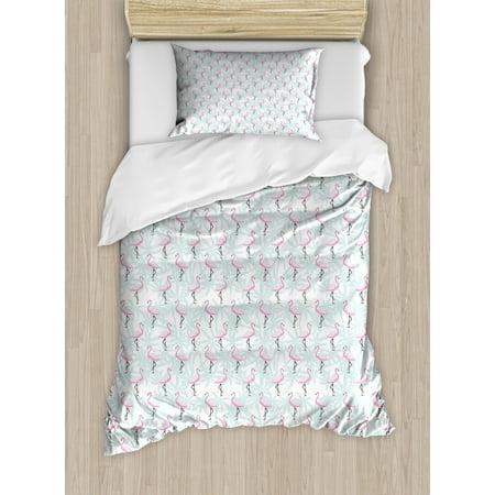 Flamingo Duvet Cover Set Pale Color Abstract Coconut Palm Tree
