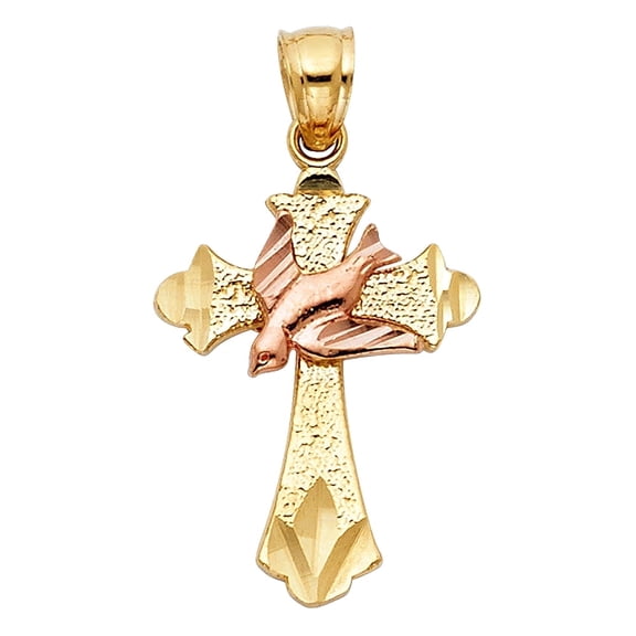 14KY Gold Religious Cross with Holy Spirit Dove Pendant | Yellow Gold Charm Pendant for Necklace Chain | Gift for Men Women | 23 x 17 MM | 1.7 grams