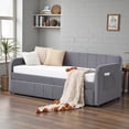 thumbnail image 3 of Tcbosik Twin Size Daybed with Trundle, Velvet Upholstered Sofa Bed with Side Pocket, Wood Bed Frame for Bedroom, Living Room, Space Saving, Grey, 3 of 10
