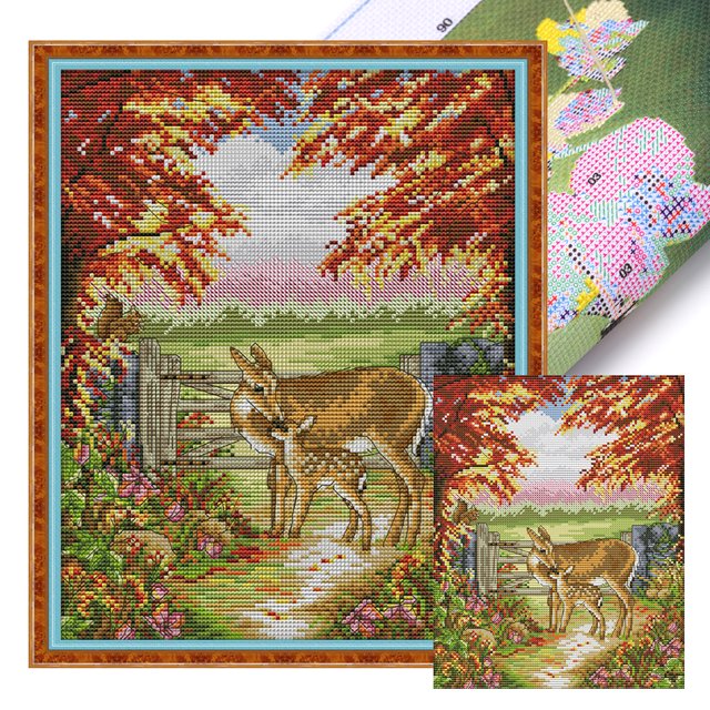 Hilo Algodón Bordado Punto Cruz Impreso para Ciervo 11CT 36x42cm