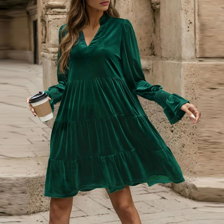 AUNVITO Women Velvet Dress Loose Fit V-Neck Long Sleeve Casual Solid Color Versatile Lounge Wear AUNVITO Women Velvet Dress Loose Fit V-Neck Long Sleeve Casual Solid Color Versatile Lounge Wear