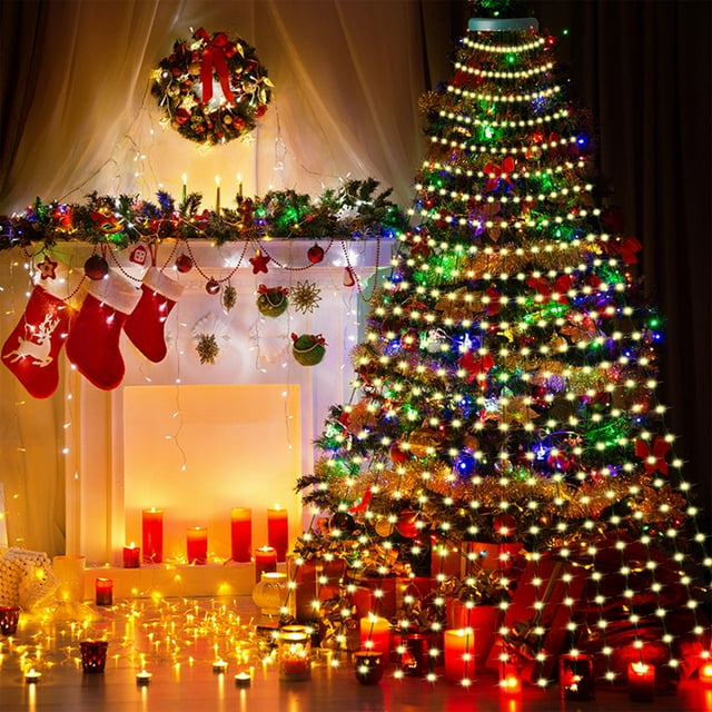 Guirnalda de luces LED decorativas para árbol de Navidad, 16 hebras, 2 m, multicolor y beige, con control remoto | Decoración para exteriores, interiores, fiestas y patios