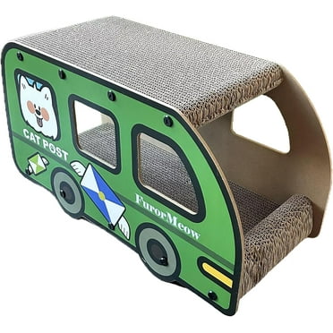 Cat Green Bus, Long Strong Sterdy 2 Story Cardboard Cat House Indoor with Scratching Board for Small & Medium Cats, 9x11.8x22 Inch, Cat Tunnel, Peekaboo Hideaway