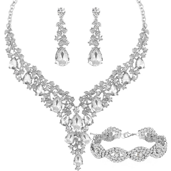 Wedding Bridal Bridesmaid Crystal Rhinestone Jewelry Sets Statement Choker Necklace Earrings Bracelets Sets for Wedding Party Prom