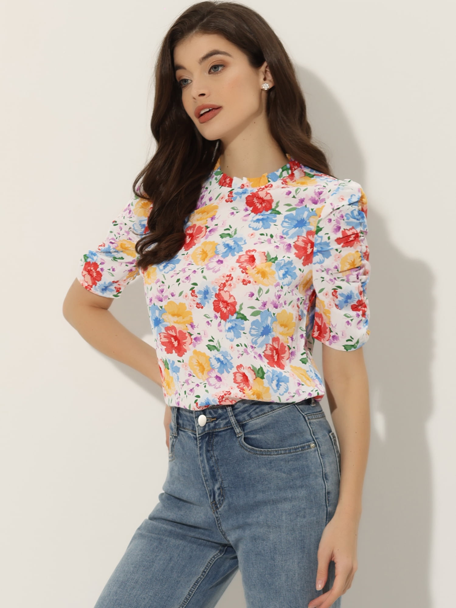 DARING DIVA Floral Ruffle Puff Half Sleeves Chiffon Top S White