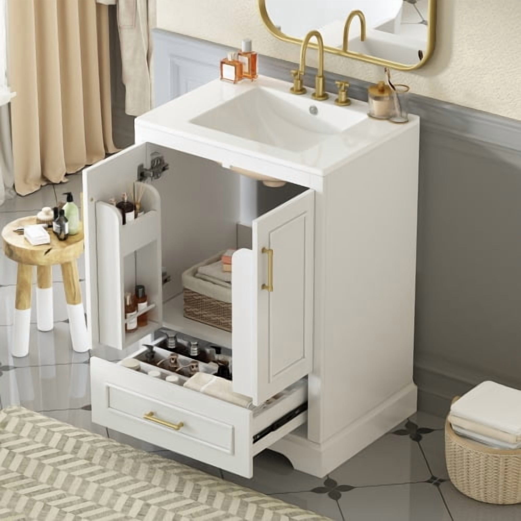 24 Inch Bathroom Vanity with Sink, Modern Freestanding Cabinet with Soft Close Doors and Ceramic Basin for Bathroom Storage, White