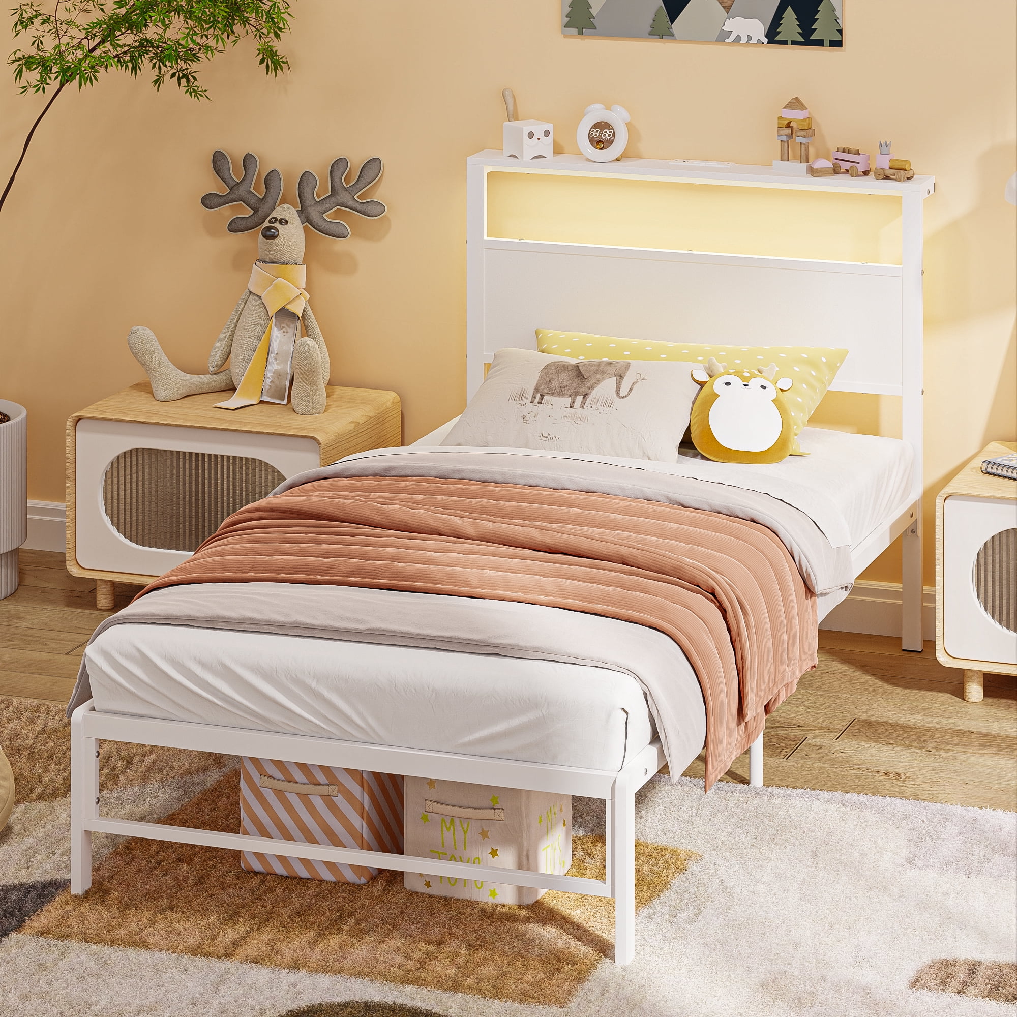 Yoneston Twin Kids Metal Platform Bed Frame with LED Light and USB Port Charging Station Storage Headboard for Girls Boys, White